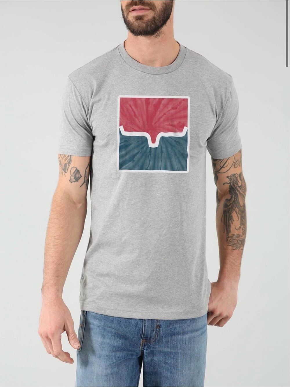 NWT Men's Kimes Ranch Gray Short-Sleeve Graphic Tee with Red and Blue Square